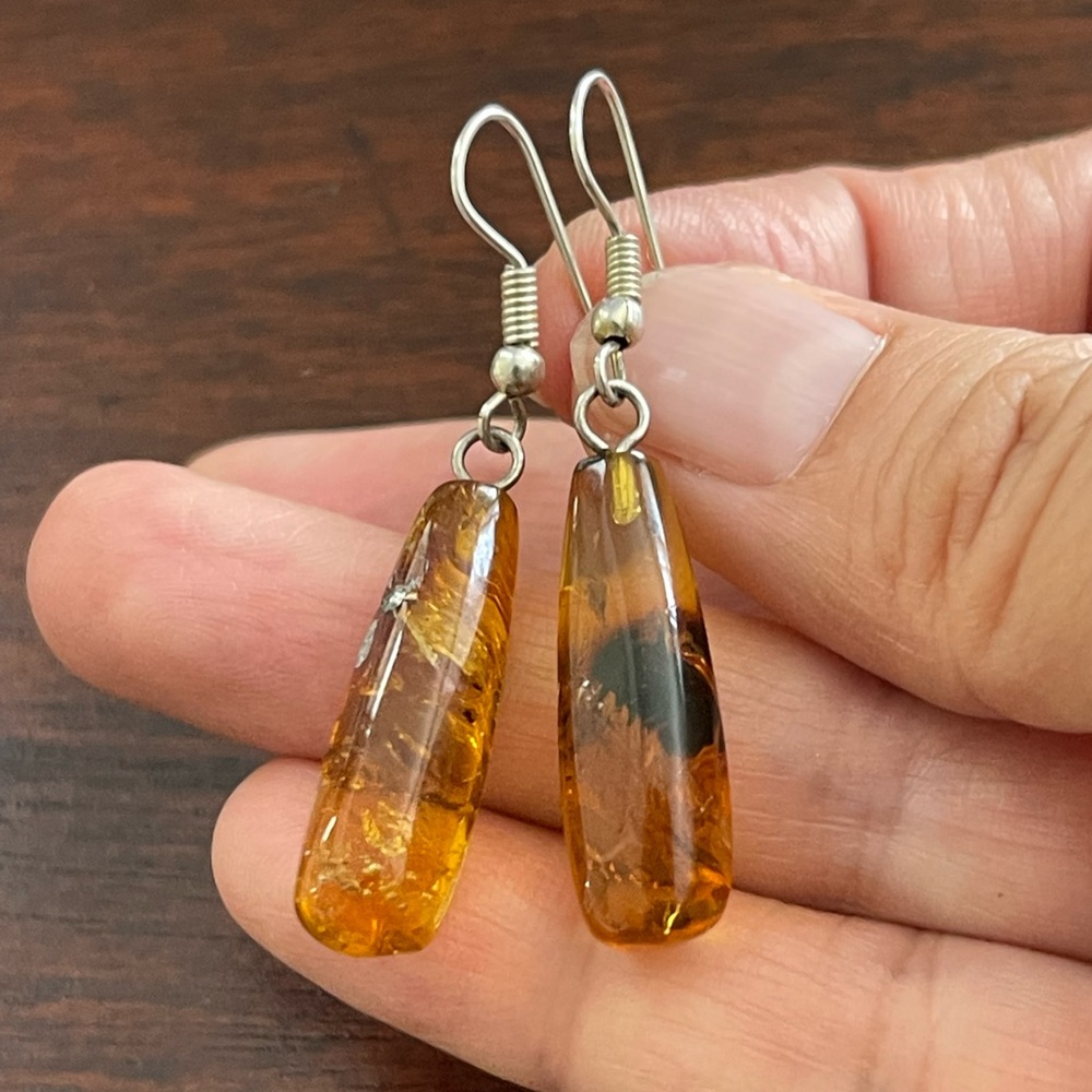 Natural honey amber drop silver earrings